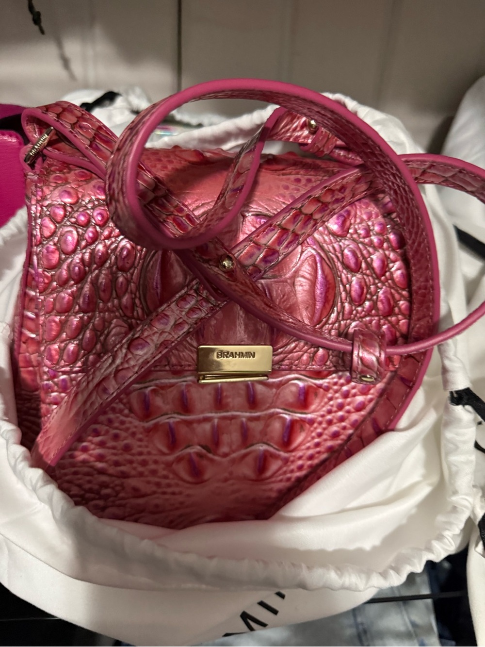 Brahmin Hot Pink Embossed Croc-Effect Crossbody